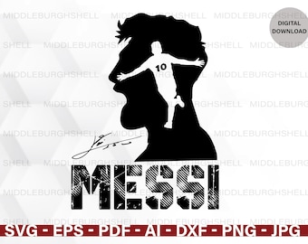 May include: Black and white silhouette of a person's head with a soccer player inside. The soccer player is wearing a jersey with the number 10 on it. The word "MESSI" is written in black with a distressed texture below the silhouette.