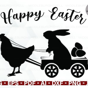 Easter Bunny, Rabbit, Hen pulling a cart, Digital Download, Bunny ride a cart, svg,dxf, eps files, chicken, Happy Easter, Easter cart, Egg