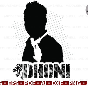 May include: Black and white silhouette of a cricket player with the text "DHONI" in a distressed font. The silhouette is holding a bat and wearing a jersey with the number 7. A lion's head is to the left of the text.