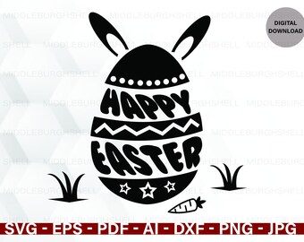 ハッピー イースター、イースター、デジタル ダウンロード、svg、png、dxf、イースター バニー、バニー イヤー、ニンジン、草、カット ファイル、イースター エッグ付きハッピー イースター SVG