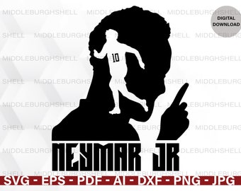 May include: Black and white digital download graphic featuring a silhouette of a soccer player with the text "NEYMAR JR". The image includes the text "DIGITAL DOWNLOAD" and file type options: SVG, EPS, PDF, AI, DXF, PNG, and JPG.