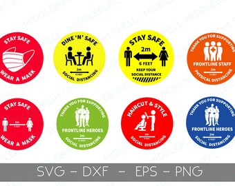 SVG、マスク着用、社会的距離、ベクター、ドアサイン、Covid-19 の予防、最前線のスタッフ、Covid サイン、Cricut、印刷ファイル、PNG、シルエット