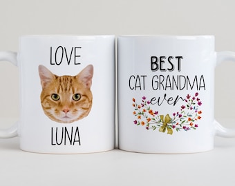 Cat Portrait Mug, Cat Grandma Mug, Mother&#39;s Day Gift, Mothers Day Mug, Cat Grandma Gift, Custom Cat Picture Mugs, Cat Grandma Coffee Cup 058