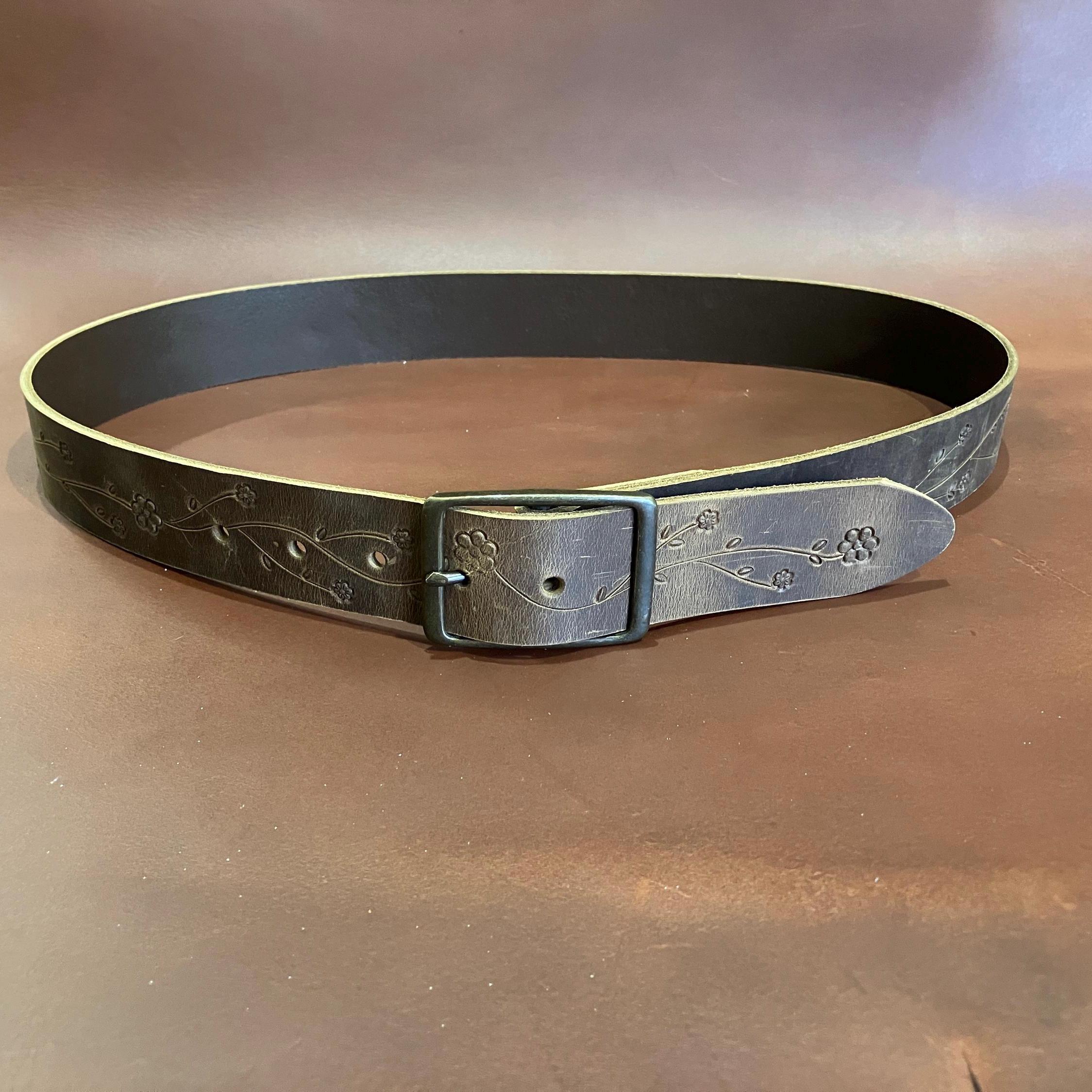 Hand Tooled Floral Pattern Full Grain Leather Belt 1.5” Wide 