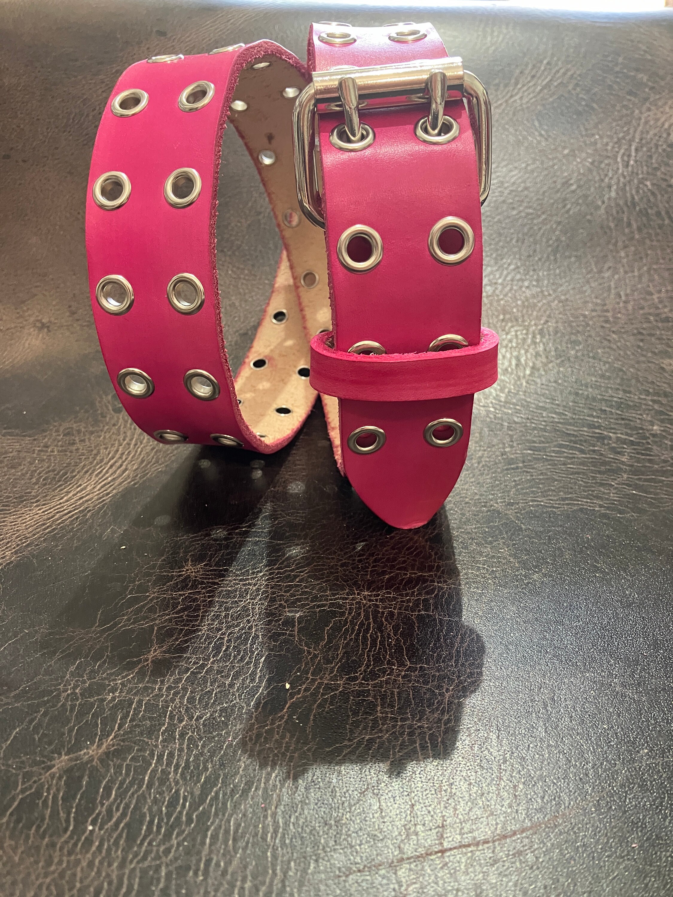 Pink Leather Belt Double Hole Eyelets/grommets/studded