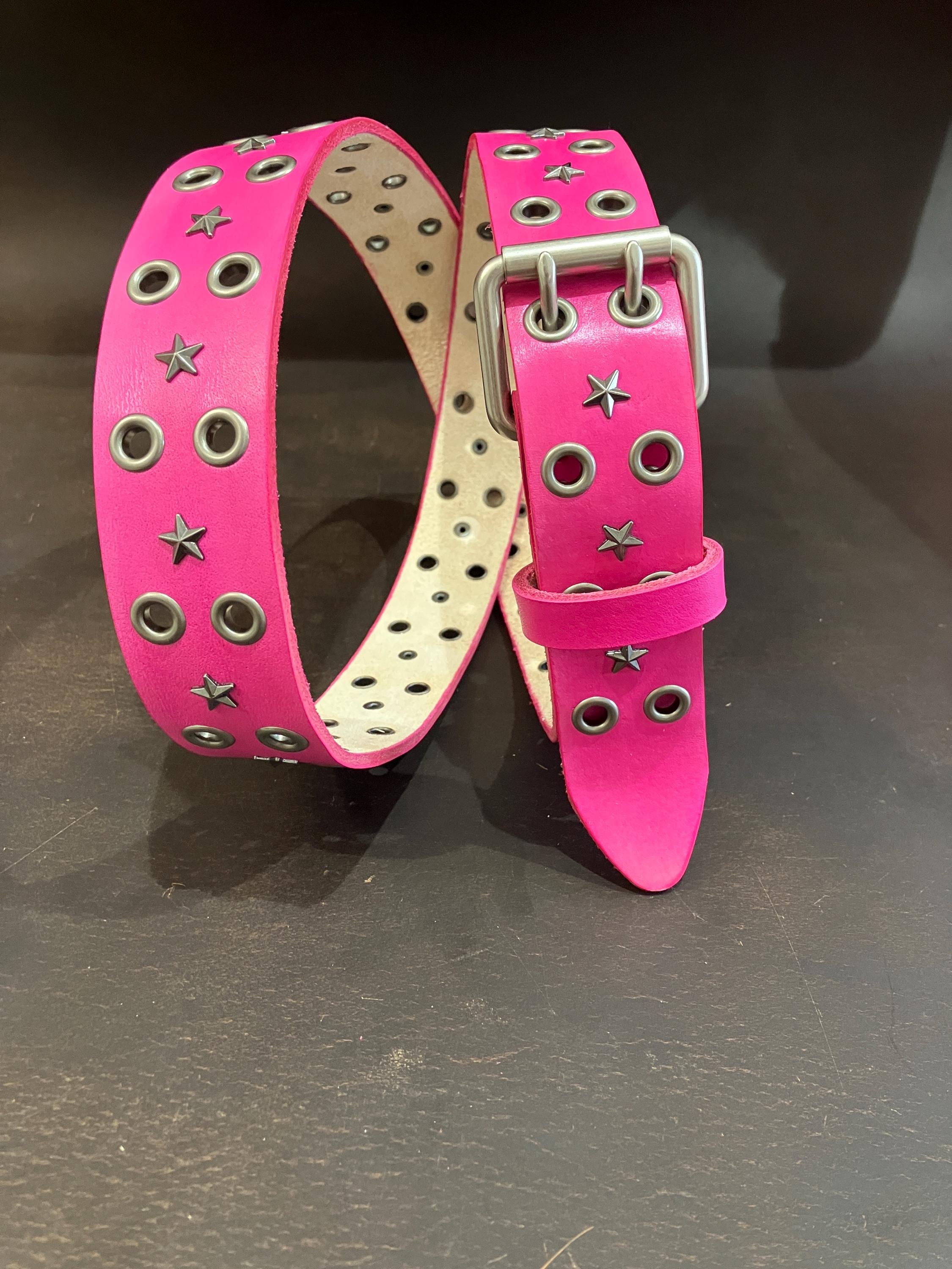 Full Grain Pink Leather Star Stud Belt Doible Hole Grey Eyelets