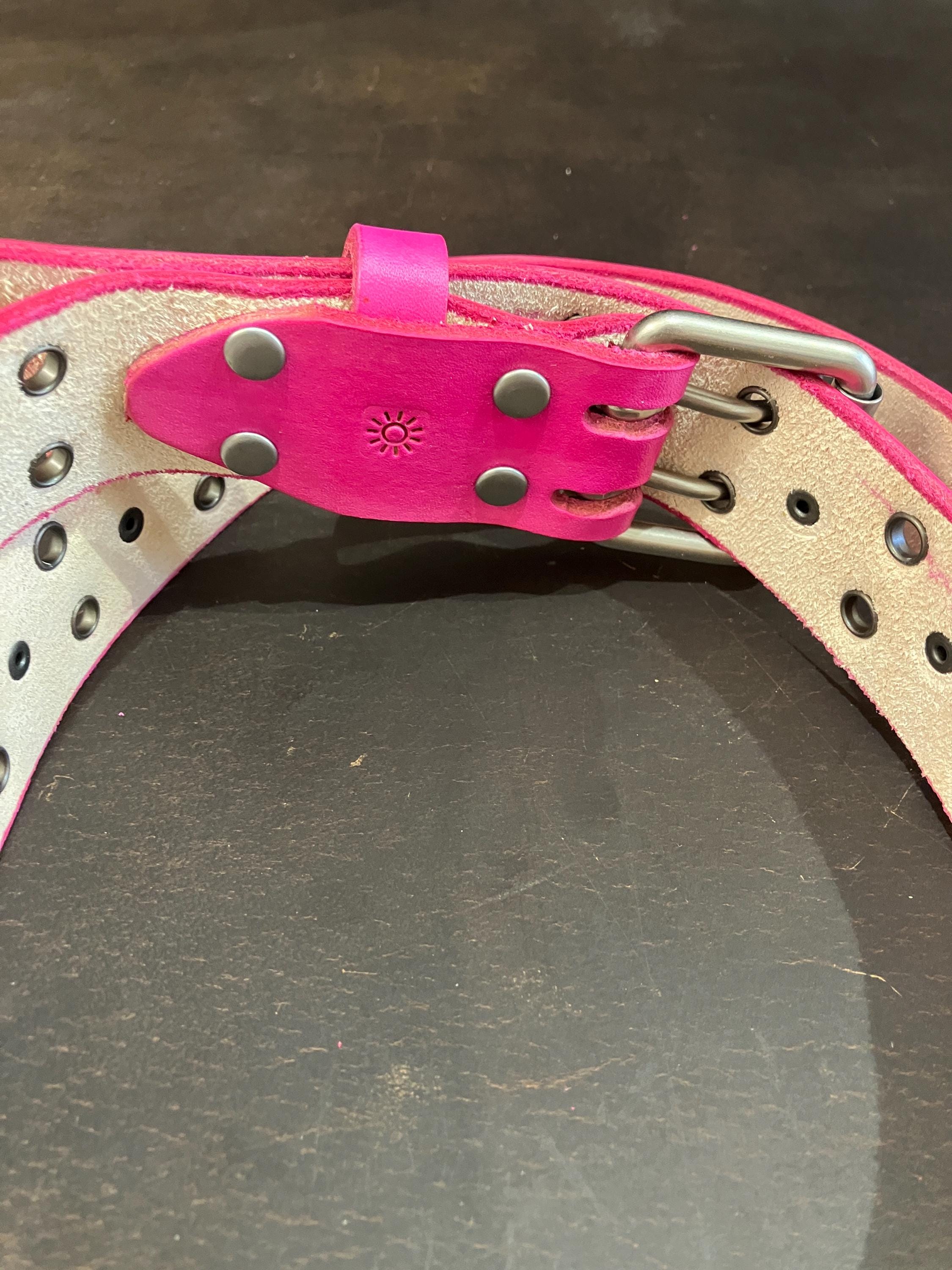 Pink Solid Full Grain Leather Star Stud Belt Eyelets Double Hole Kopida Pink PU Leather Waist Belt with Rhinestone Star Charm  main image 4