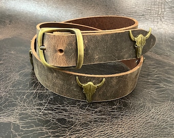 1.5” Crazyhorse Brown Distressed Western Full Grain Leather Belt w/ Cow Skull Conchos Antique Brass or Antique Silver