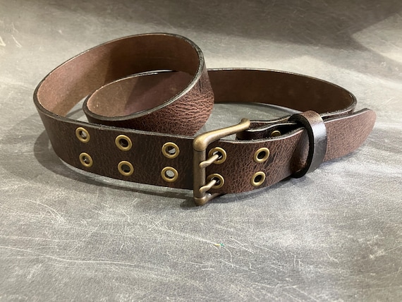 Full Grain Chocolate Brown Buffalo Leather Custom Double Hole Eyelet 5 Rows Grommet Belt Antique Brass Hardware