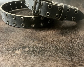 Gray Steel Distressed Buffalo Double Hole Belt 1.5” Wide Grommet/ Eyelet Custom Leather Belt