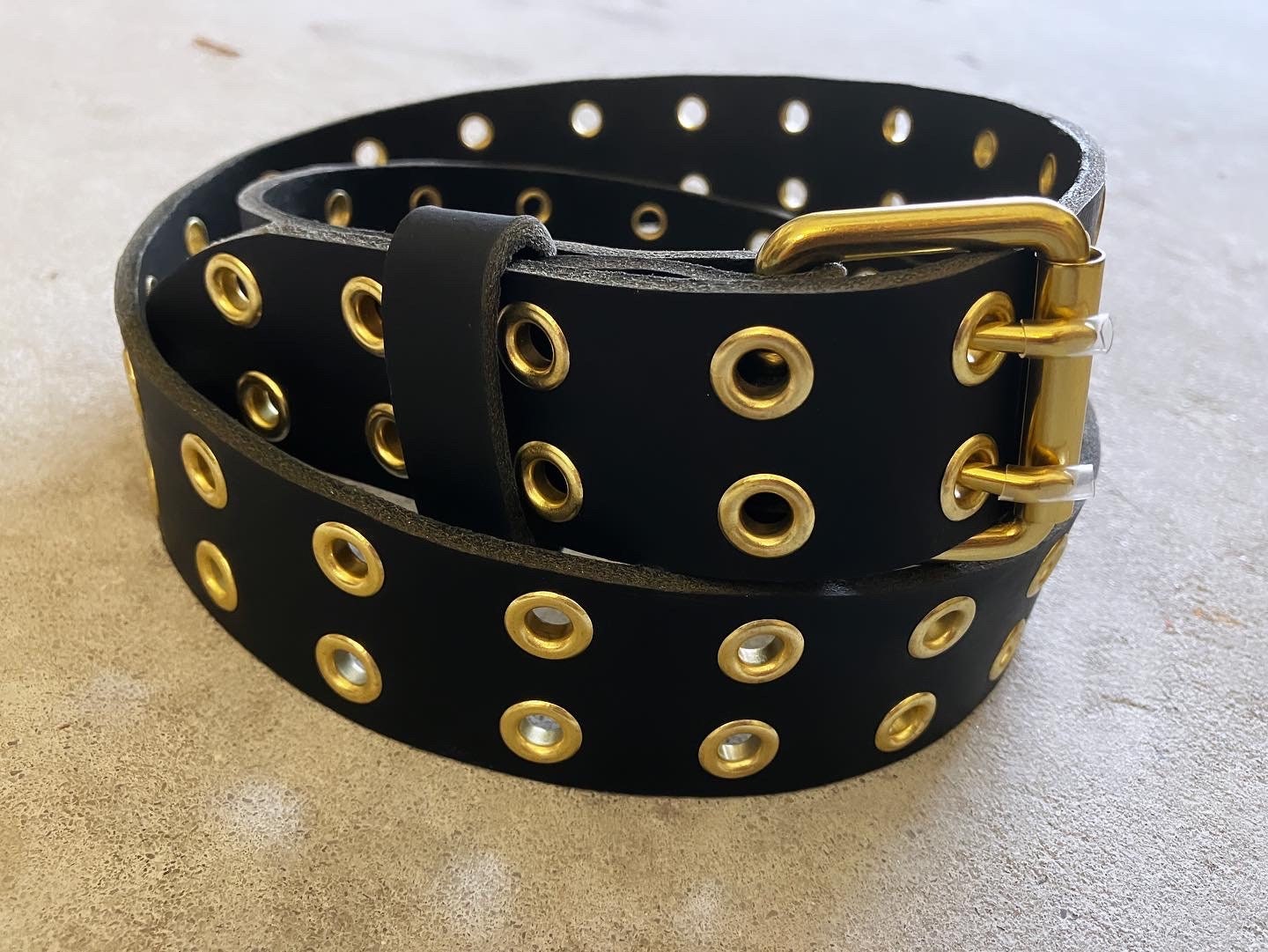 Gold bronze, grommet studs, leather belt 5MM THICK DOUBLE LEATHER EYELET GROMMET WORK BELT  main image 2