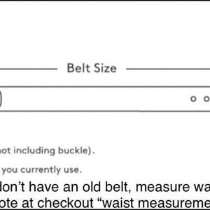 May include: Diagram showing how to measure a belt size.  The diagram shows a belt with a buckle and multiple holes.  The text reads: "A. End of belt (not including buckle). B. The hole that you currently use. C. If you don't have an old belt, measure waist and add note at checkout "waist measurement""