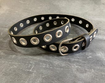 Narrow Black Full Grain Buffalo Leather Large Single Row Eyelets/Grommets Silver finish