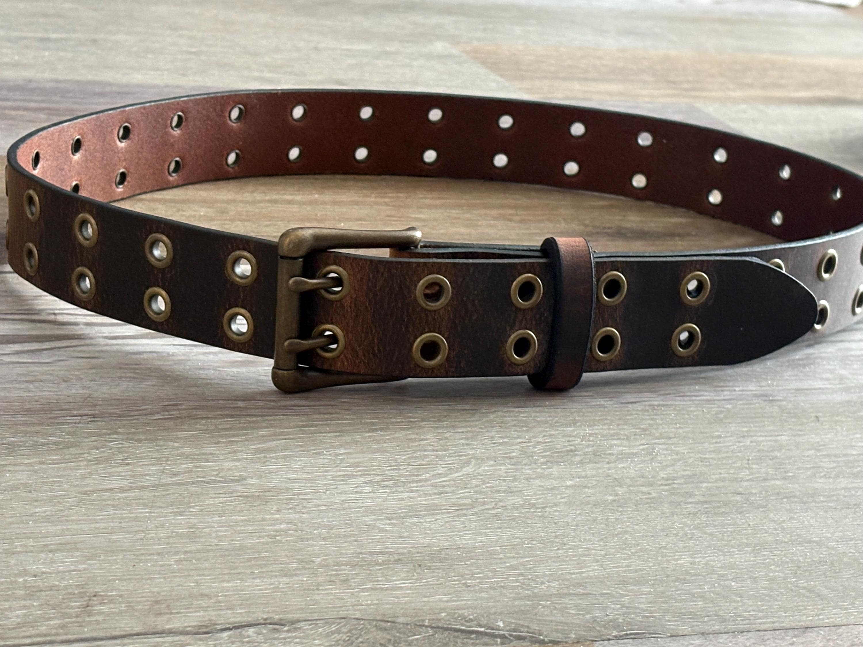 Vintage Double Stacked Eyelet Heavy Duty Brown Leather Belt Grommets & Patina eyelet belt products for sale | eBay main image 4