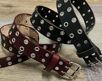 Solid Leather Oxblood Red, Maroon, Burgandy, Wine, Black Double Hole Grommet/Eyelet, Double Prong