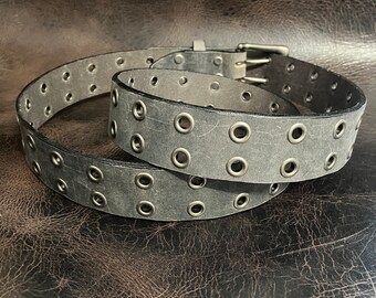 Handmade Solid Leather Gray Grey Double Hole Eyelet Belt Grommet, Metal Rings Gray Steel Distressed Buffalo Double Hole Belt 1.5” Wide  main image 4