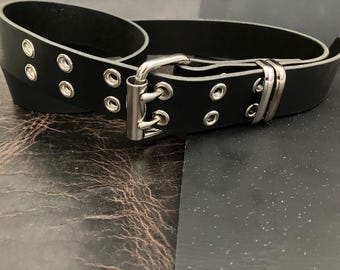 Handmade Solid Leather Gray Grey Double Hole Eyelet Belt Grommet, Metal Rings Gray Steel Distressed Buffalo Double Hole Belt 1.5” Wide  main image 3