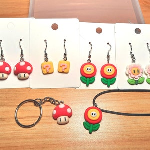 Mario Earrings, Keychains, and Necklaces |  Nintendo Keychains | Question Mark Block Necklace, Fire Flower Keychain, Mario Mushroom Keychain