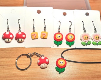 Mario Earrings, Keychains, and Necklaces |  Nintendo Keychains | Question Mark Block Necklace, Fire Flower Keychain, Mario Mushroom Keychain
