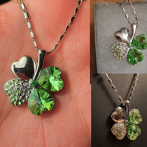 Green Four Leaf Clover Necklace, Crystal Four Leaf Clover, Swarovski Crystals, St. Patrick&#39;s Day jewelry, Irish pendant, Lucky charm
