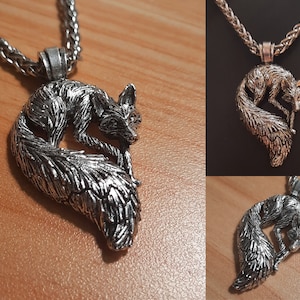 Silver Fox Pendant, Large Silver Fox Necklace, Spirit Animal Necklace, Fox Spirit Necklace, Forest Necklace, Curled Fox Jewelry