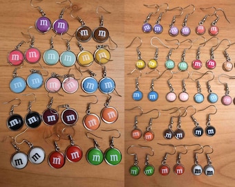 M&M Candy Dangle Earrings: Stainless Steel, Colorful Chocolate