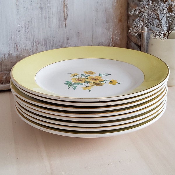 Français vintage assiettes plates en faïence/Digoin Sarreguemines/France/modèle Achille/blanc/jaune/bouton d'or/millepertuis