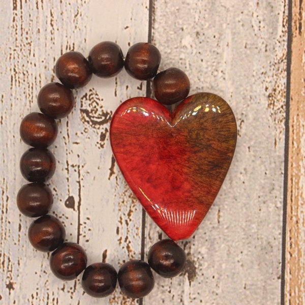 Stretch Bracelets | Red Ceramic Heart with Wooden Bead Stretch Bracelet | Christian "Agape" Bracelet | Statement Bracelet | Faith Jewelry