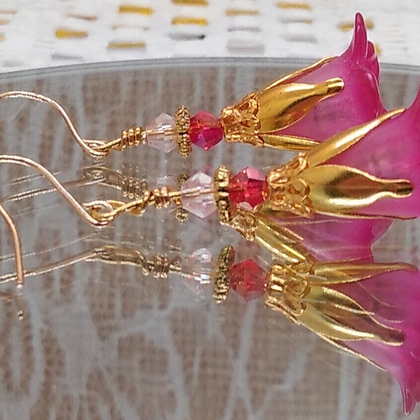 Hand-painted Ombre Hot Pink Lucite Tulip Flower Dangle Earrings | Swarovski Beads | Hot Pink and Gold Dangle Earrings |