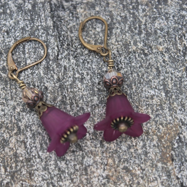 Frosted Burgundy Lucite Acrylic Tulip and Antique Bronze Earrings | Boho Chic Style Dangle - Drop Earrings | Modish Jewelry |Swarovski Beads