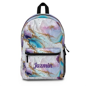 Sac à dos en marbre pastel pour filles - Sac de fournitures scolaires personnalisé - Sac à dos léger et imperméable pour la rentrée, Bretelles réglables, Personnalisé