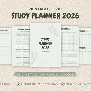 Op de afbeelding: Een afdrukbare PDF-studieplanner voor 2026, met een lichtgroen en wit ontwerp. De planner bevat secties voor het academisch jaar, maandkalenders en studietrackers. De omslag leest "Study Planner 2026". Bevat 85 pagina's.