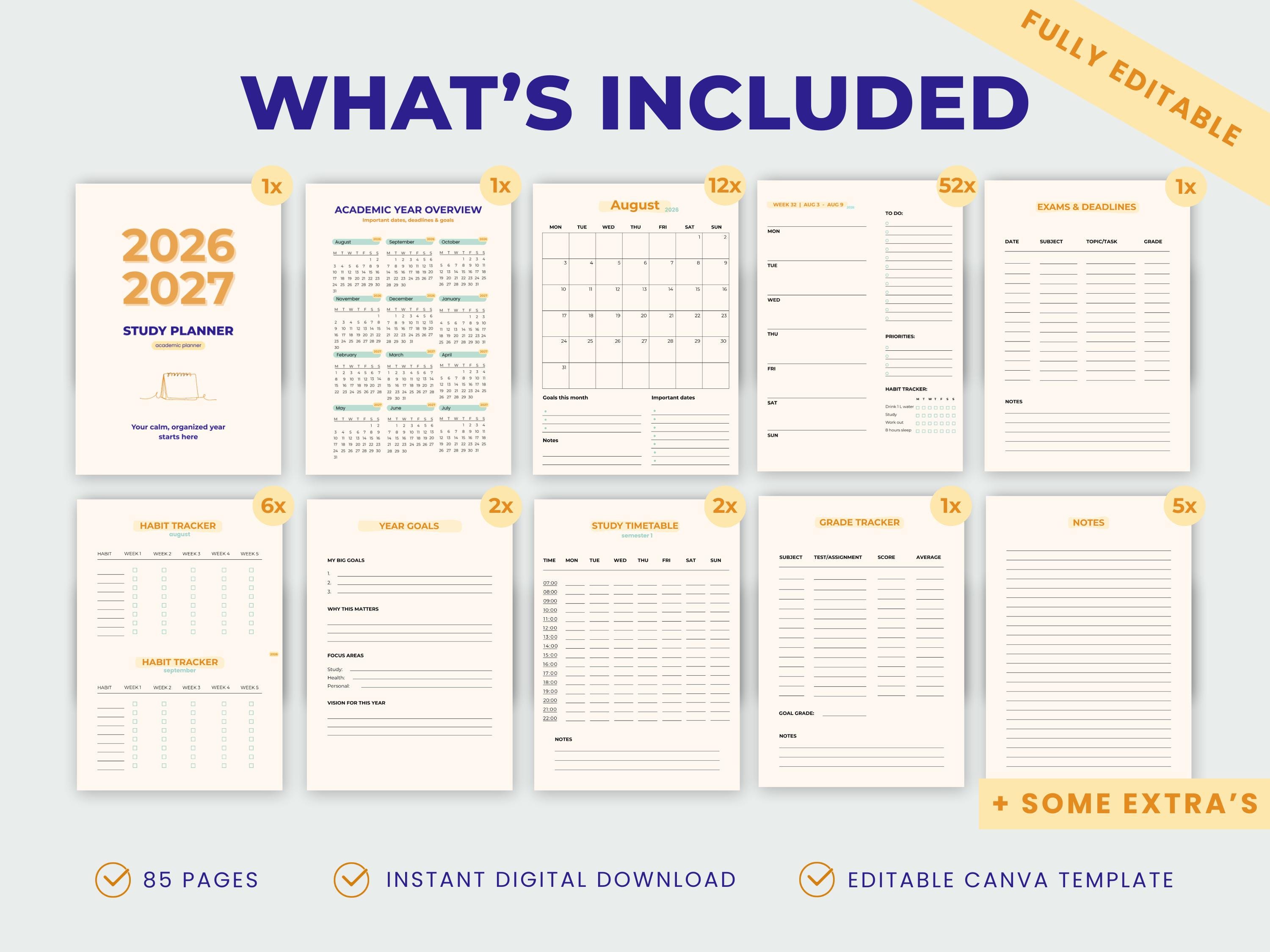 Academic Planner 2026 2027 Printable | 85 Page Study Planner PDF ...