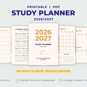 Op de afbeelding: Een afdrukbare PDF-studieplanner voor 2026/2027. Het ontwerp heeft een crèmekleurige omslag met de tekst "STUDY PLANNER" en de jaren "2026/2027" in een vetgedrukte, marineblauwe letter. Bevat 85 pagina's, een directe digitale download en een bewerkbare Canva-sjabloon.