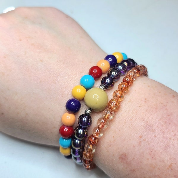 Campfire Stories Hand Blown Glass Bead TRIPLE Elastic Bracelet Stack | 7.5" | Size Inclusive | Plus size