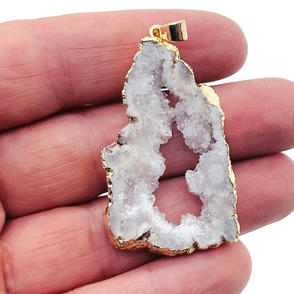 White Agate Geode Druzy Slice Pendnat - Oco Agate Geode Pendant - Crystal Agate Pendant - NC1339