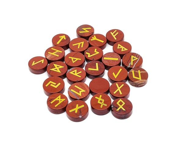Red Jasper Crystal Rune Stone Set - Elder Futhark Alphabet Engraved 25 pcs Runes Set - Pocket Stones - Choose Your Gemstone - RU1011
