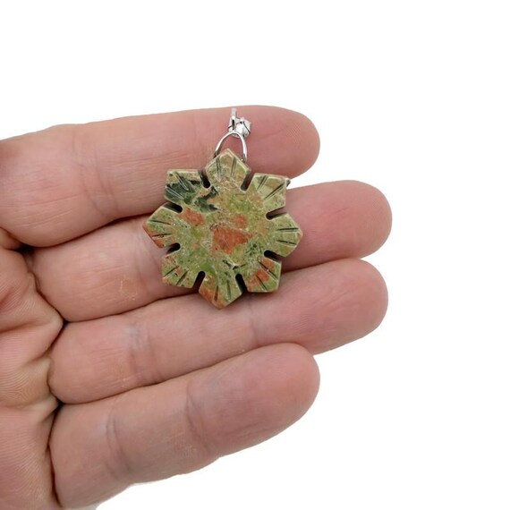 Unakite Gemstone Snowflake Pendant – Carved Crystal Flower Charm - NC1917