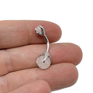 Rose Quartz Belly Button Ring - Silver Stainless Steel - Delicate Natural Stone Piercing - Navel Piercing - NC1846