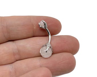 Rose Quartz Belly Button Ring - Silver Stainless Steel - Delicate Natural Stone Piercing - Navel Piercing - NC1718