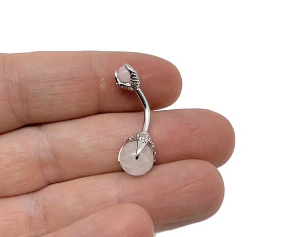 Rose Quartz Belly Button Ring - Silver Stainless Steel - Delicate Natural Stone Piercing - Navel Piercing - NC1846