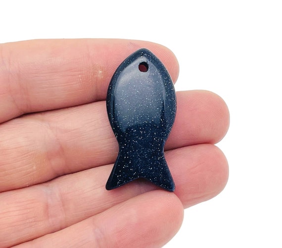 Blue GoldStone Fish Carving Gemstone Pendants - Pisces Zodiac Hole Crystal Fish - Reiki Healing Bulk Polished - Gift for Swimmer - NC1470