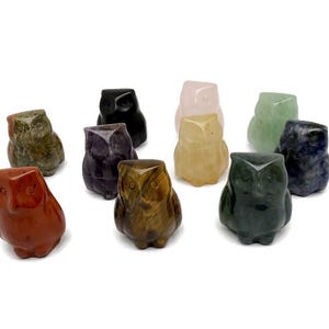 May include: A collection of carved owl figurines in various colors and materials. The owls are in shades of red, green, black, purple, yellow, pink, blue, and brown. Each owl has a unique pattern and texture.