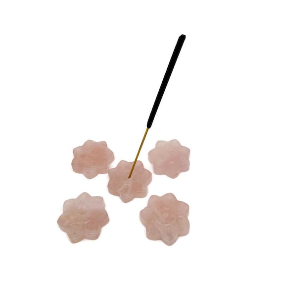 Rose Quartz Natural Crystal Flower Incense Holder – Carved Gemstone Stick Burner for Meditation - TZ1004