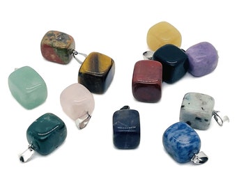 May include: Assortment of 12 small, polished, gemstone pendants with silver bail. The stones are various colors and patterns, including green, blue, red, pink, yellow, black, and brown.