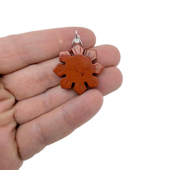 Red Jasper Gemstone Snowflake Pendant – Carved Crystal Flower Charm - NC1923