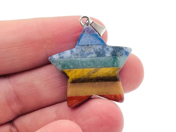 Chakra Star Crystal Pendant - 7 Stones Pendant - Lapis Lazuli - Sodalite - Aventurine -Tiger Eye - Red Jasper - Gifts - NC1272