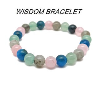 Puede incluir: Un brazalete de cuentas multicolores con cuentas rosas, verdes, azules y grises. El brazalete se llama "Wisdom Bracelet".