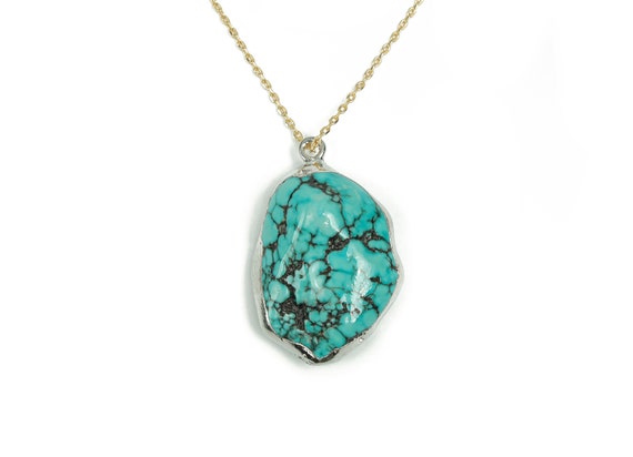 Turquoise Pendant – Turquoise Crystal Stone – Silver Edge Turquoise Gemstones – Healing Stones - NC1038
