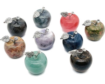 May include: Set of ten small, polished stone apples with silver-toned stems and leaves. Each apple is a different color and pattern, including green, blue, purple, red, brown, and black.